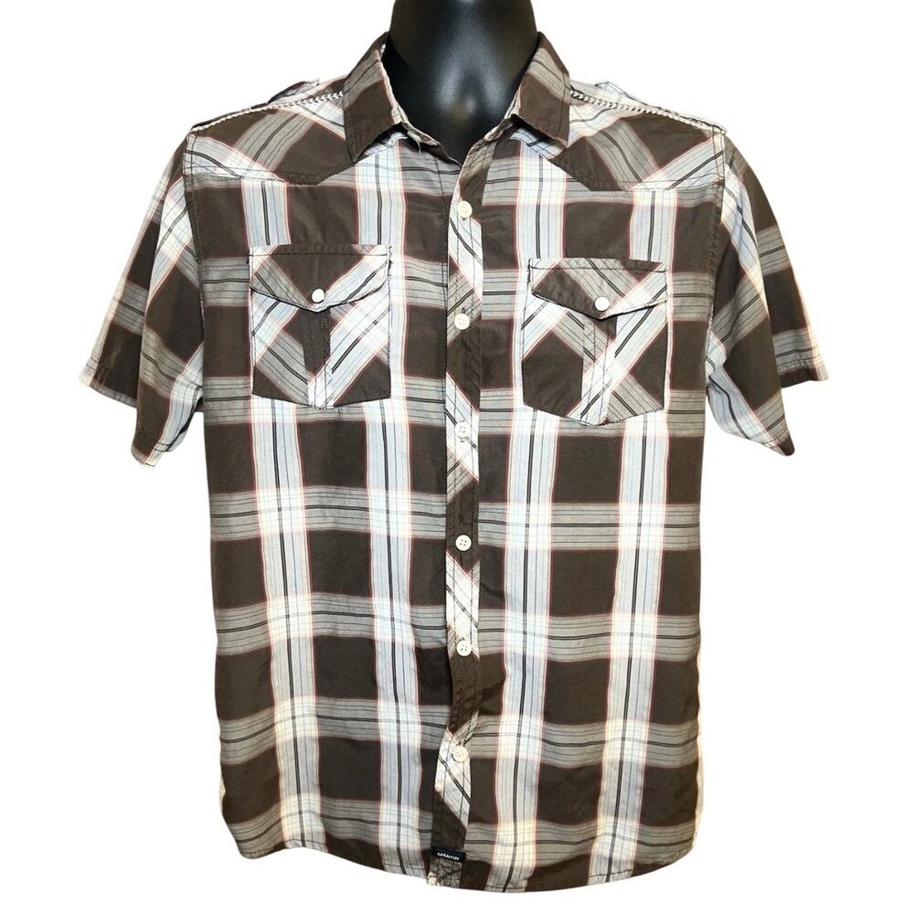 Jonathan Martin Men’s Medium Plaid Button-Up Shirt Brown Red Long Sleeve Casual‎